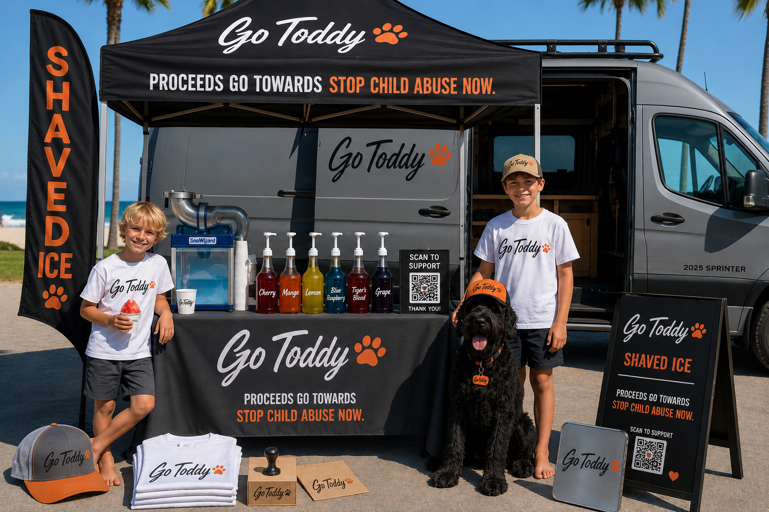 GoToddy pop-up kit in action: branded tent, shaved ice cart, flag, A-frame, and kids running the stand.