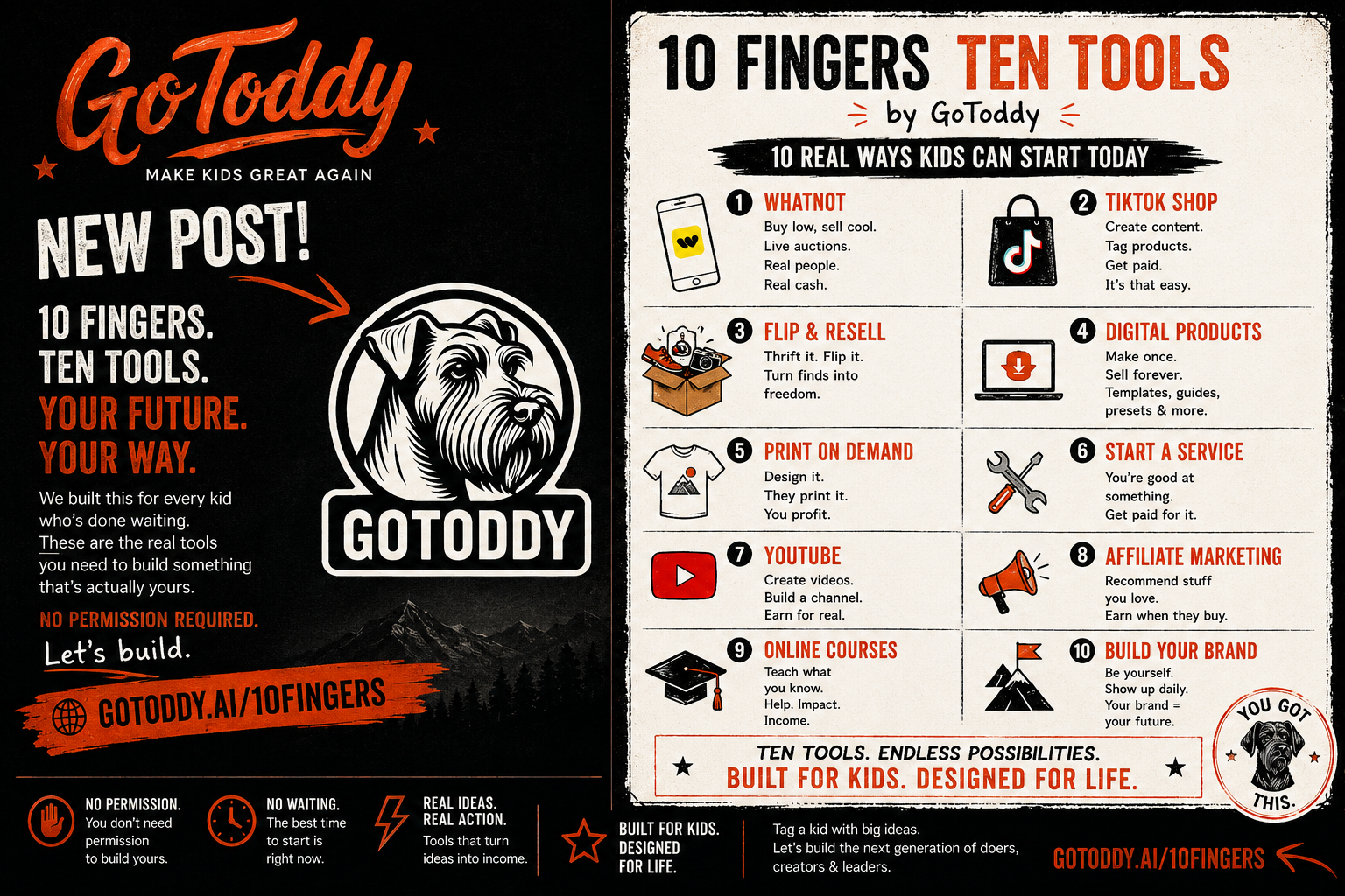 10 Fingers, Ten Tools by GoToddy — poster listing all ten ways kids can start building today
