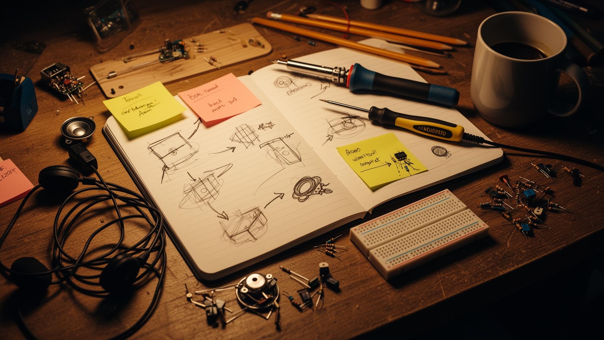 A kid inventor's workbench: open sketchbook, soldering iron, breadboard, and scattered components