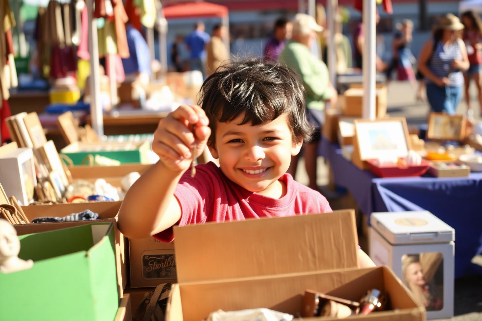 A kid digging through boxes at a sunny outdoor flea market and holding up a treasure they just found