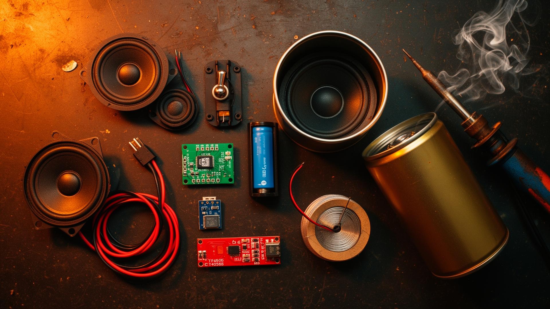 DIY Bluetooth speaker build with parts laid out on a workbench.