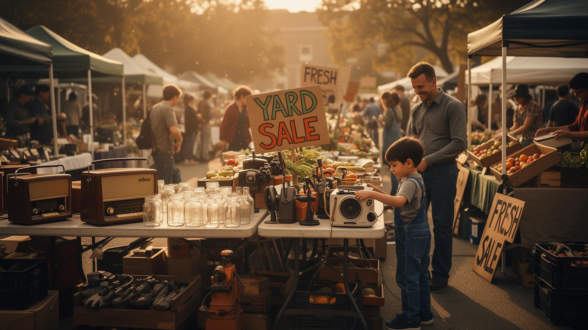 A bustling outdoor farmers market with vendor tents, produce stands, and shoppers browsing
